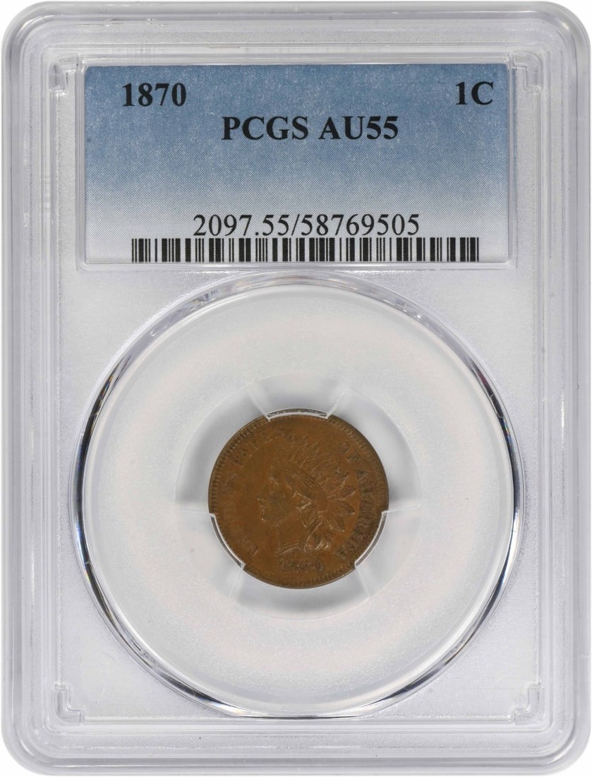 PCGS AU55 1870 Indian Head Small Cent Philadelphia Mint: PCGS AU55 1870 Indian Head Small Cent Philadelphia Mint This 1870 Indian Head Cent is graded AU55 by PCGS and features a composition of 95% copper with 5% tin and zinc. Designed by James Barton Longac
