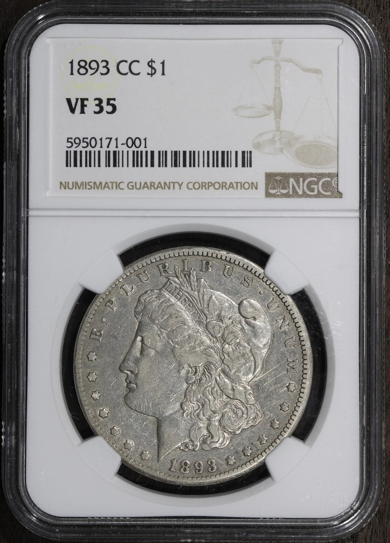 1893 Carson City Morgan Dollar Silver $1 NGC VF35 Key Date Coin: 1893 Carson City Morgan Dollar Silver $1 NGC VF35 Key Date Coin This 1893-CC Morgan Silver Dollar is a key date coin minted in Carson City. Certified by NGC with a VF 35 grade, it is composed of 90% s