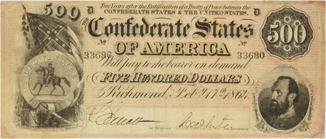 1864 $500 Confederate States Note T-64 Uncertified: 1864 $500 Confederate States Note T-64 Uncertified This 1864 $500 Confederate States of America Note T-64 is a fascinating piece of history. It features a denomination of Five Hundred Dollars and is c