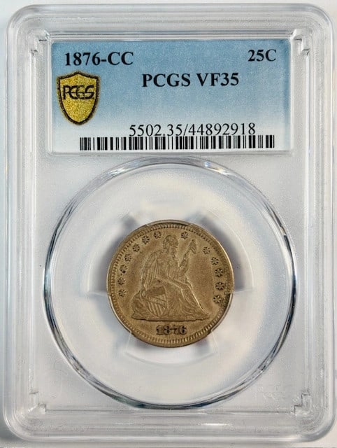 Carson City 1876 Silver Seated Liberty Quarter PCGS VF35: Carson City 1876 Silver Seated Liberty Quarter PCGS VF35 This is an 1876 Carson City Seated Liberty Quarter, certified by PCGS with a grade of VF 35. The coin is composed of silver, is circulated, and
