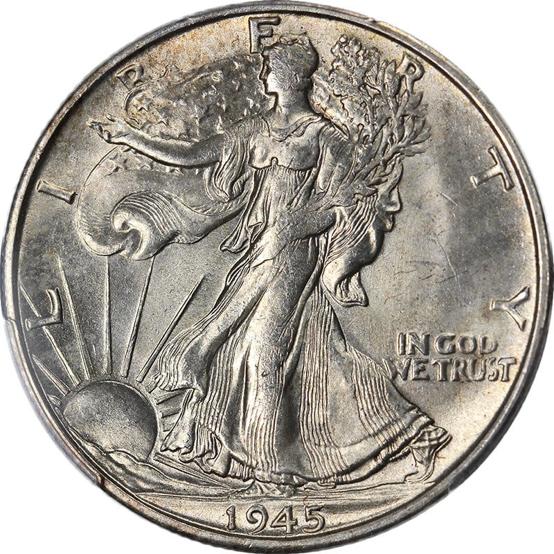 1945-S Walking Liberty Half PCGS MS64 Uncirculated Silver Coin: 1945-S Walking Liberty Half PCGS MS64 Uncirculated Silver Coin This 1945-S Walking Liberty Half is certified by PCGS with a grade of MS64, showcasing exceptional eye appeal and luster. The coin featur