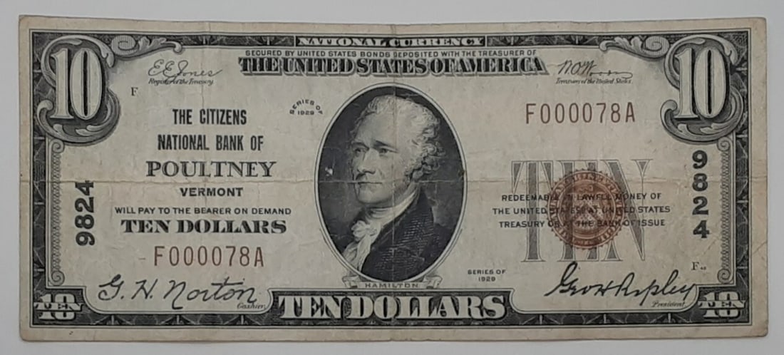 1929 $20 Citizens National Bank Poultney Vermont Charter 9824 US Note (1 of 2)