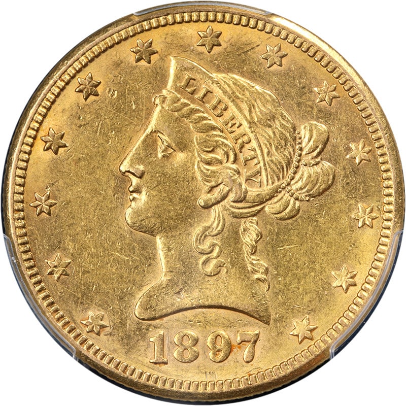 PCGS AU55 1897-O $10 Liberty Gold Coin with Strong Strike: PCGS AU55 1897-O $10 Liberty Gold Coin with Strong Strike This 1897-O Liberty Gold $10 coin is graded AU55 by PCGS. It features attractive luster, strong strike, and vibrant color with appealing surfa