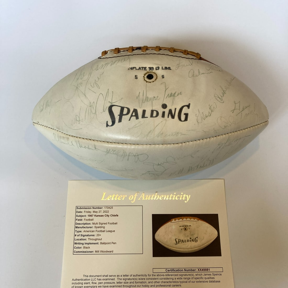 1967 Kansas City Chiefs Team Signed Spalding Football with JSA COA: 1967 Kansas City Chiefs Team Signed Spalding Football with JSA COA This is a vintage Spalding football signed by the 1967 Kansas City Chiefs team, featuring over 20 signatures, including that of Len D