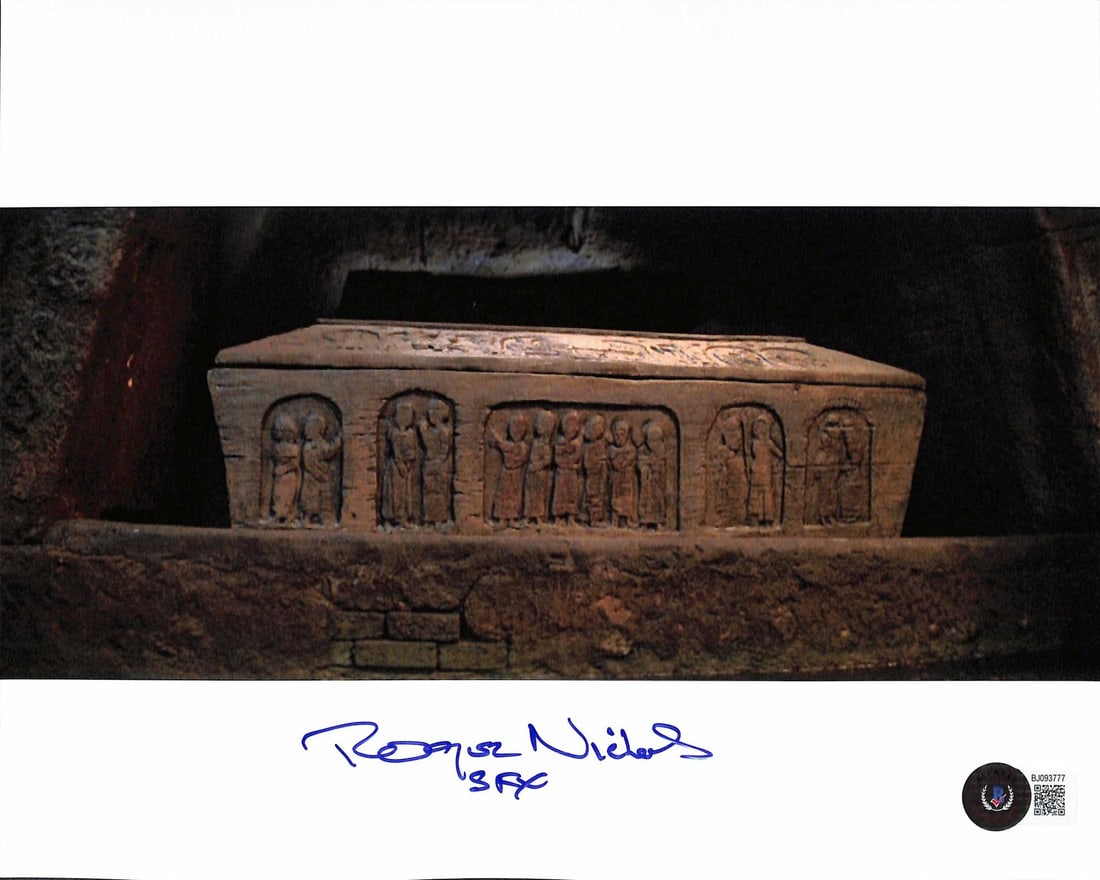 Indiana Jones Last Crusade 8x10 Signed Photo by Roger Nichols Beckett Authenticated: Indiana Jones Last Crusade 8x10 Signed Photo by Roger Nichols Beckett Authenticated This remarkable 8x10 color photograph features a set piece from the iconic film "Indiana Jones and the Last Crusade,