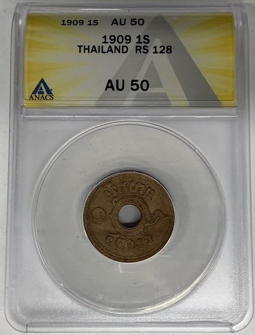 1909 Thailand Copper 1 Satang ANACS AU 50 Certified Coin: 1909 Thailand Copper 1 Satang ANACS AU 50 Certified Coin This is a 1909 Thailand 1 Satang coin composed of copper. The coin has been certified by ANACS and is graded AU 50, indicating it is in About U