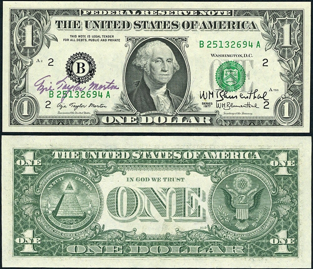 1977 $1 Federal Reserve Note New York Courtesy Signed by Morton and Blumenthal (1 of 3)