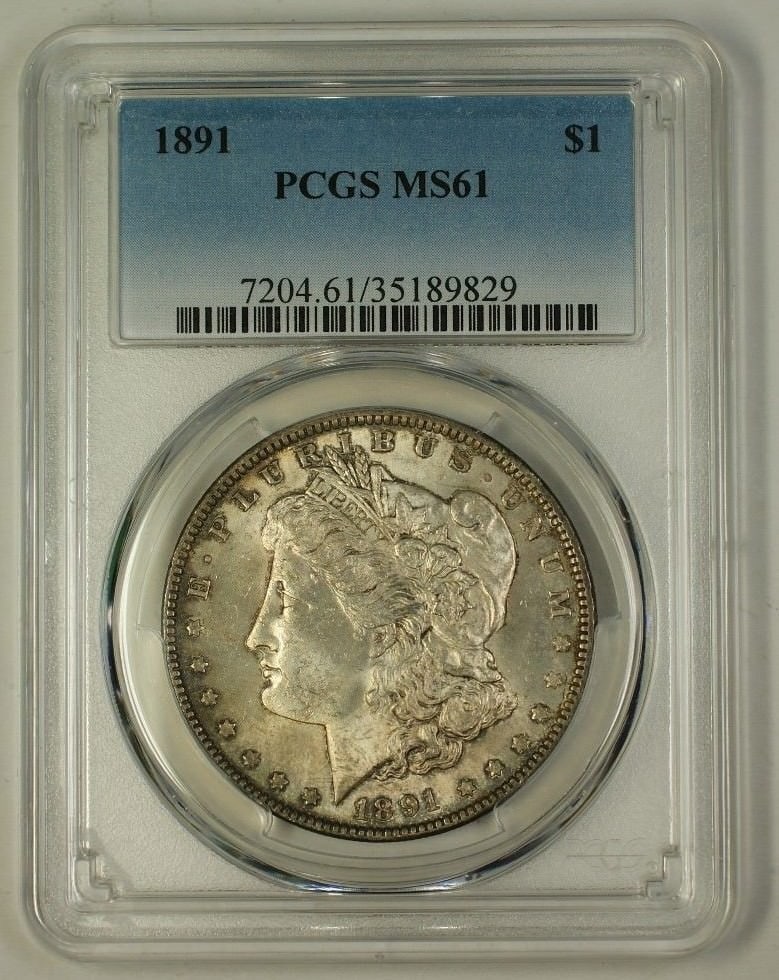 PCGS MS61 1891 Morgan Dollar Toned Silver Coin from Philadelphia: PCGS MS61 1891 Morgan Dollar Toned Silver Coin from Philadelphia This is an 1891 US Morgan Silver Dollar coin with a denomination of $1. Certified by PCGS with a grade of MS 61, this uncirculated coin