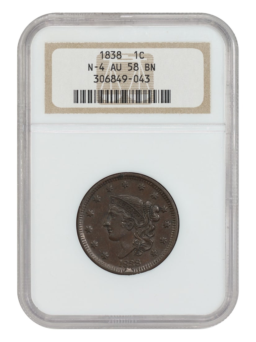 1838 Coronet Head Cent NGC AU58 Newcomb 4 Brown One Cent Coin (1 of 4)