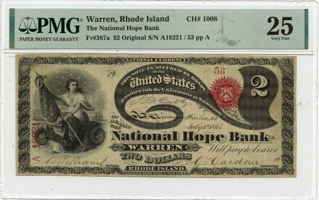 National Hope Bank Warren 1865 $2 FR387a PMG VF25 Lazy Deuce Note (1 of 2)