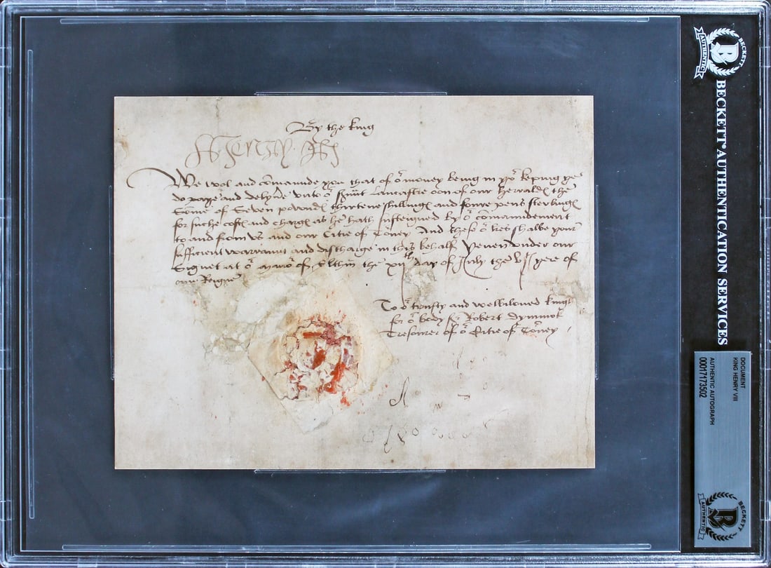 King Henry VIII Signed 1514 Pay Order Document Beckett Authenticated: King Henry VIII Signed 1514 Pay Order Document Beckett Authenticated This is an authentic signed pay order document from King Henry VIII, measuring 5.75 x 7.5 inches, dated July 12, 1514. The document