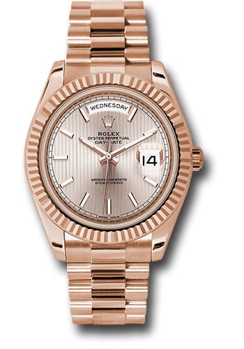 2021 Rolex Day-Date 40 Sundust Stripe Dial President Bracelet Ref 228235 with Card: 2021 Rolex Day-Date 40 Sundust Stripe Dial President Bracelet Ref 228235 with Card This Rolex Day-Date 40 features a Sundust Strip Motif Index dial and is equipped with a fluted bezel. The watch is fi