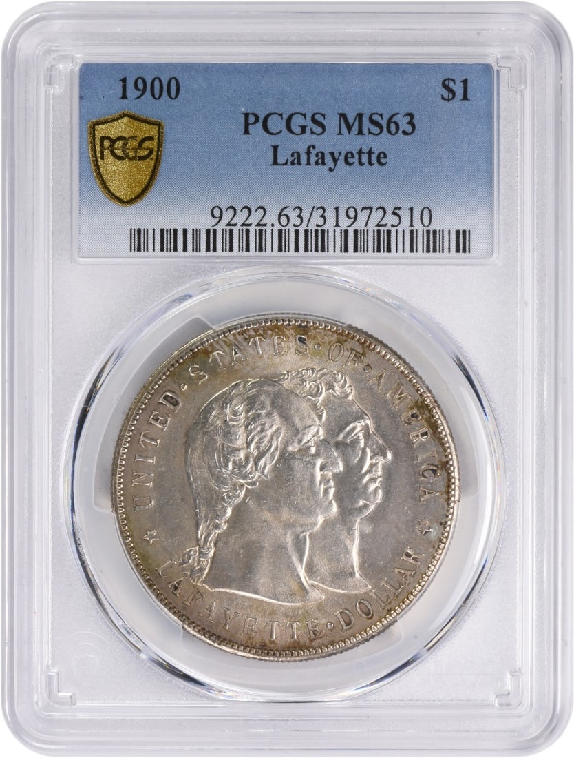 PCGS MS63 1900 Commemorative Lafayette Silver Dollar Coin: PCGS MS63 1900 Commemorative Lafayette Silver Dollar Coin This is an un-used 1900 Lafayette Commemorative Silver Dollar, certified by PCGS with a grade of MS63. Struck at the Philadelphia Mint, it fea