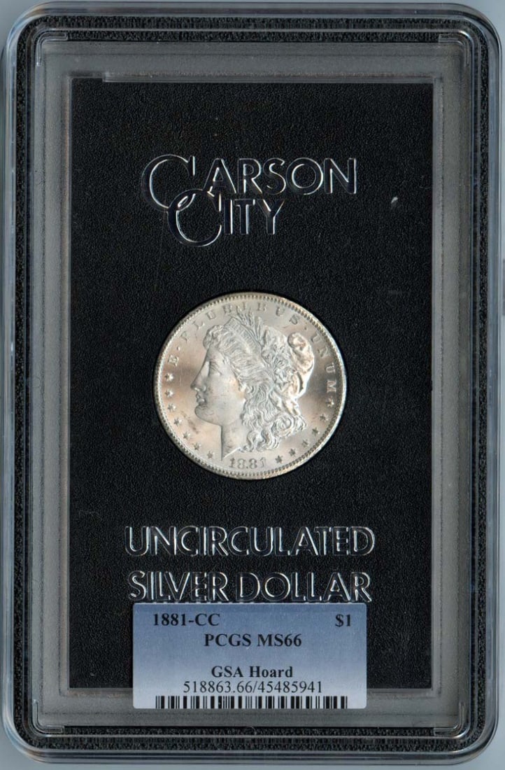 PCGS MS66 1881 Carson City Morgan Dollar GSA Hoard Uncirculated: PCGS MS66 1881 Carson City Morgan Dollar GSA Hoard Uncirculated This 1881-CC Morgan Dollar is from the GSA Hoard and has been graded MS66 by PCGS. Minted in Carson City, this uncirculated coin is a no