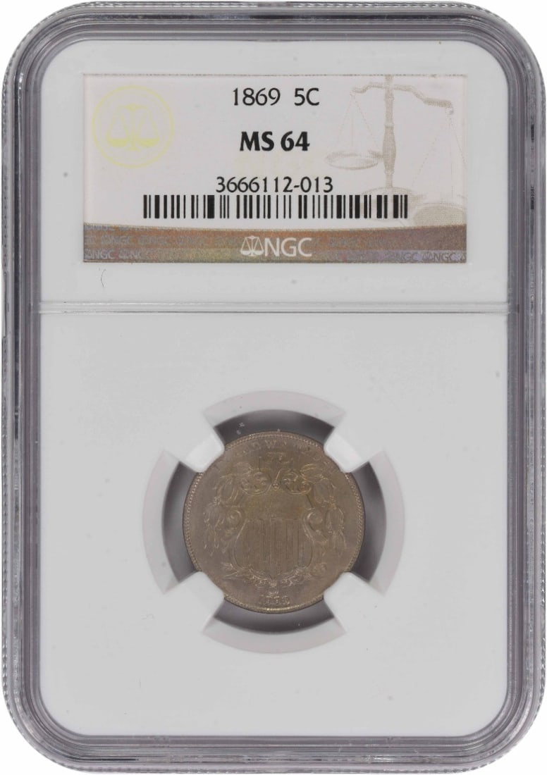 NGC MS64 1869 Five Cent Shield Coin United States: NGC MS64 1869 Five Cent Shield Coin United States This 1869 Shield Nickel is graded MS64 by NGC. The coin was struck at the Philadelphia Mint and designed by James Barton Longacre. It features a compo
