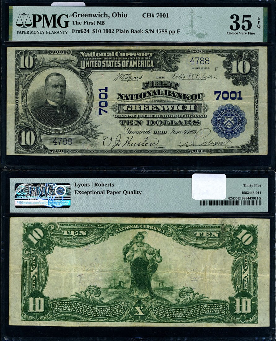 1902 PB $10 National Bank Note Greenwich Ohio PMG VF35 EPQ (1 of 3)