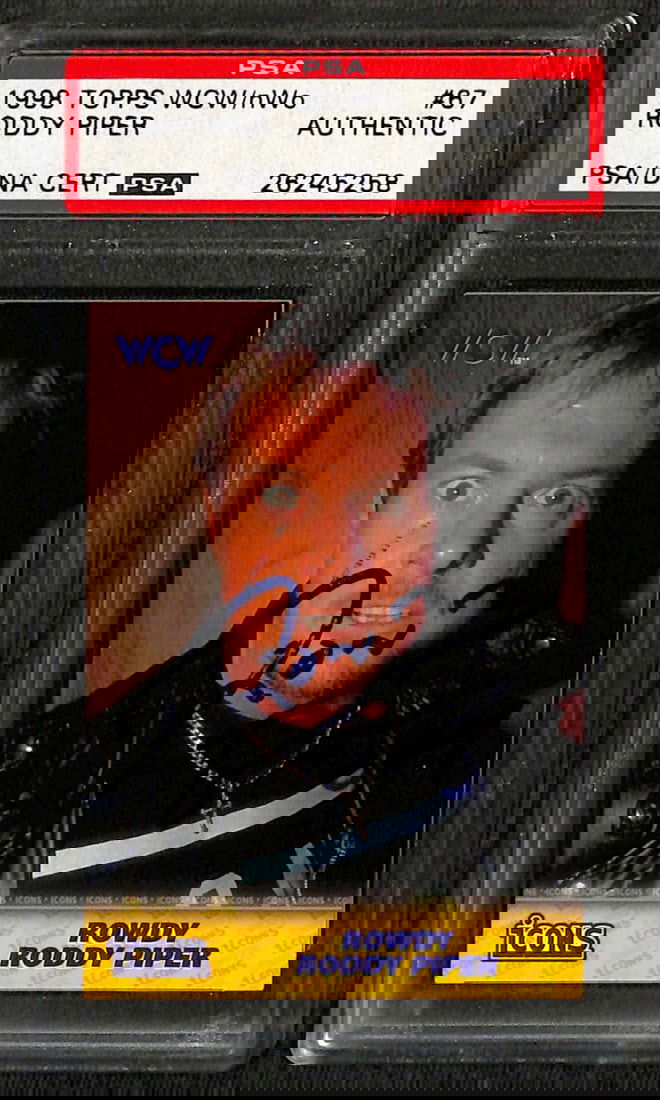 Roddy Piper 1988 Topps WCW/nWO #67 Signed Card PSA/DNA: Roddy Piper 1988 Topps WCW/nWO #67 Signed Card PSA/DNA This is a signed 1988 Topps WCW/nWO #67 sports trading card featuring legendary professional wrestler "Rowdy" Roddy Piper. The card showcases Pip