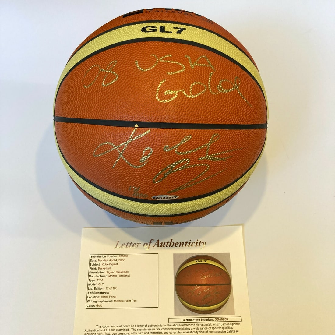 Kobe Bryant Signed 2008 USA Gold FIBA Basketball Limited Edition 17/100 JSA Authenticated: Kobe Bryant Signed 2008 USA Gold FIBA Basketball Limited Edition 17/100 JSA Authenticated This unique FIBA Molten basketball is signed by the legendary Kobe Bryant, showcasing his full signature and t