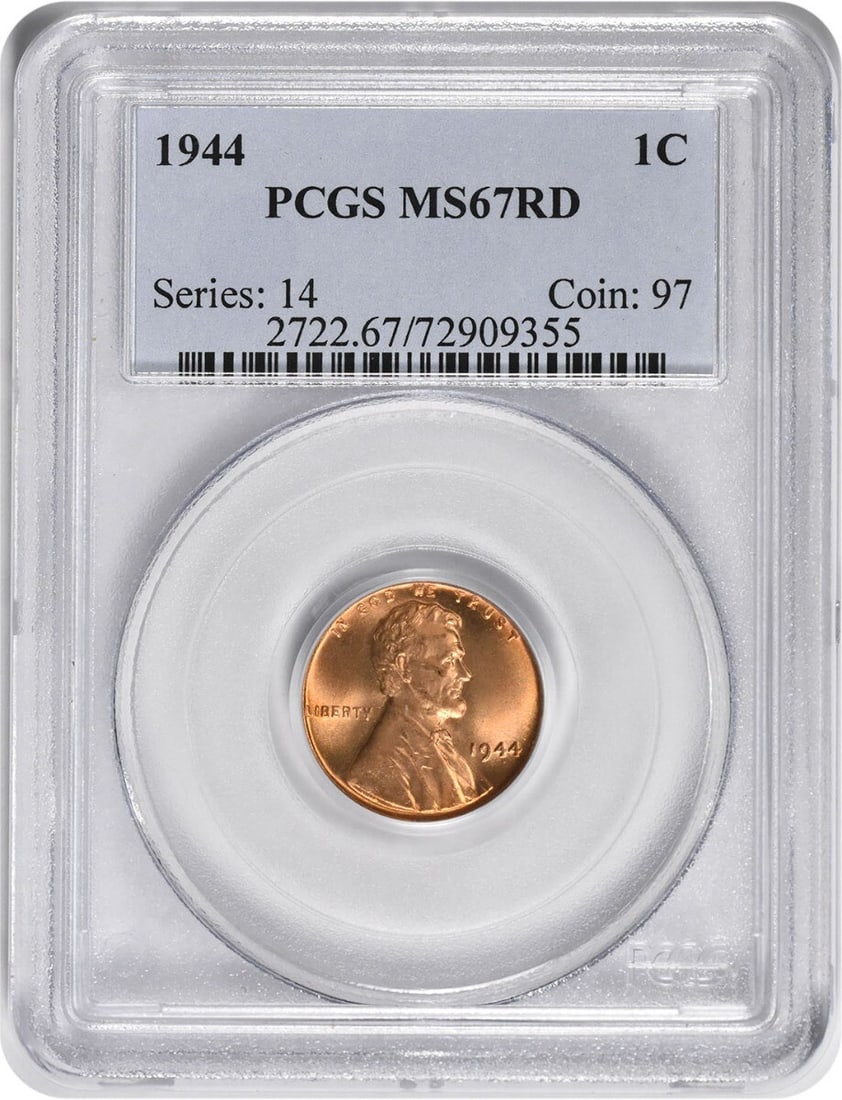 1944 Lincoln Wheat Cent MS67RD PCGS Uncirculated Coin: 1944 Lincoln Wheat Cent MS67RD PCGS Uncirculated Coin This 1944 Lincoln Cent is a remarkable example of numismatic excellence, graded MS67RD by PCGS, ensuring its pristine uncirculated condition. Mint