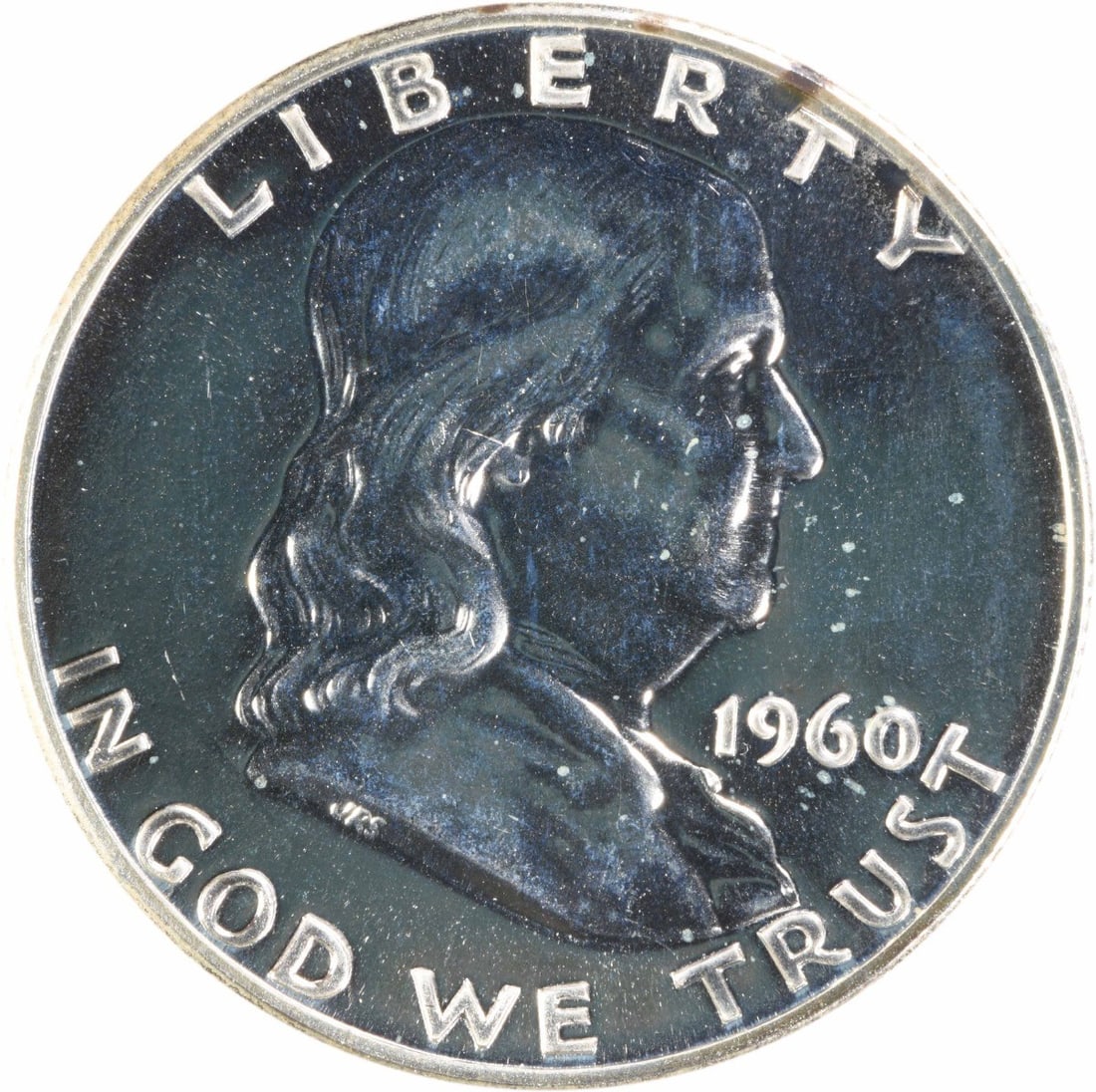 1960 Proof Franklin Half Dollar Silver Coin Choice PR64 Uncertified: 1960 Proof Franklin Half Dollar Silver Coin Choice PR64 Uncertified This 1960 Franklin Half Dollar is a proof coin graded Choice Proof PR64 and is uncirculated. It is composed of silver and was minted