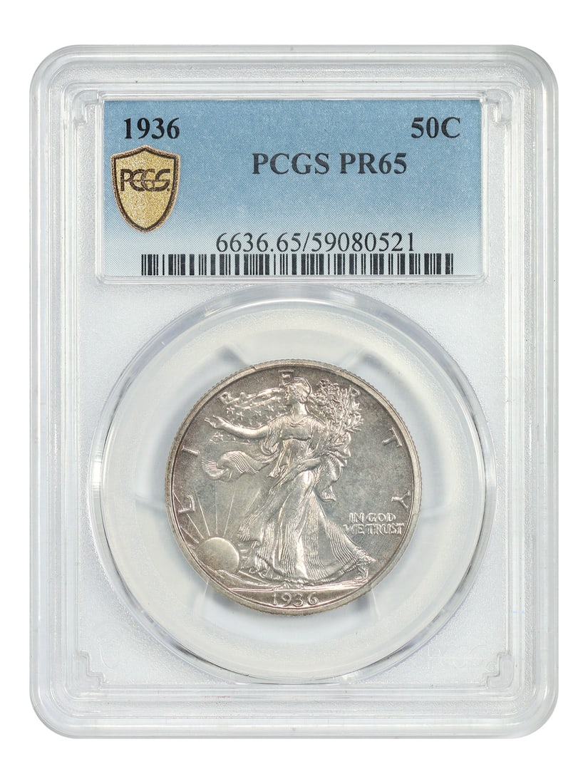 1936 Walking Liberty Half Dollar Proof Graded PR65 by PCGS: 1936 Walking Liberty Half Dollar Proof Graded PR65 by PCGS This 1936 Walking Liberty Half Dollar is a proof coin graded PR65 by PCGS. It features deeply mirrored surfaces and gentle toning, contributi