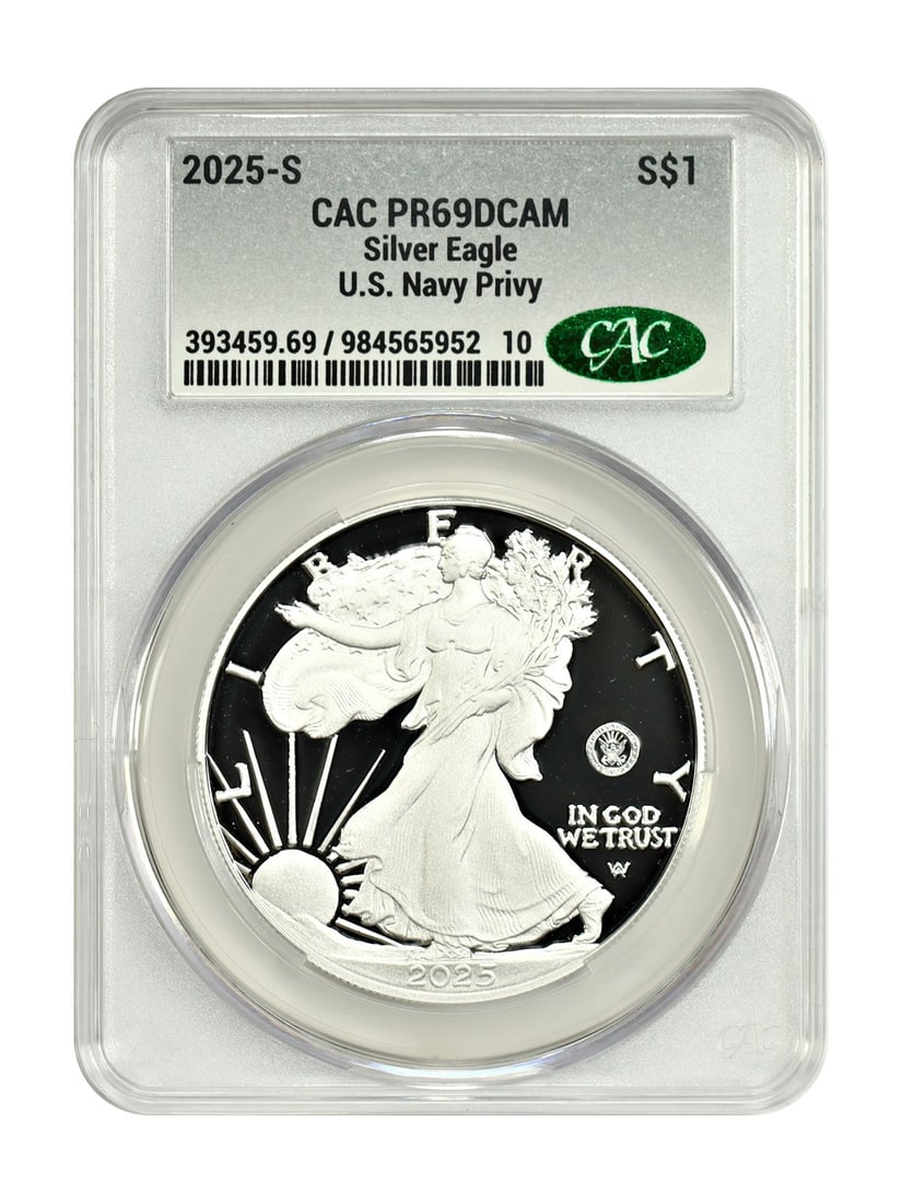 2025 Silver Eagle Proof Dollar CACG PR69DCAM With Navy Privy Mark: 2025 Silver Eagle Proof Dollar CACG PR69DCAM With Navy Privy Mark This 2025 $1 Silver Eagle is a limited edition bullion coin featuring the U.S. Navy Privy Mark in the right obverse field. Certified b