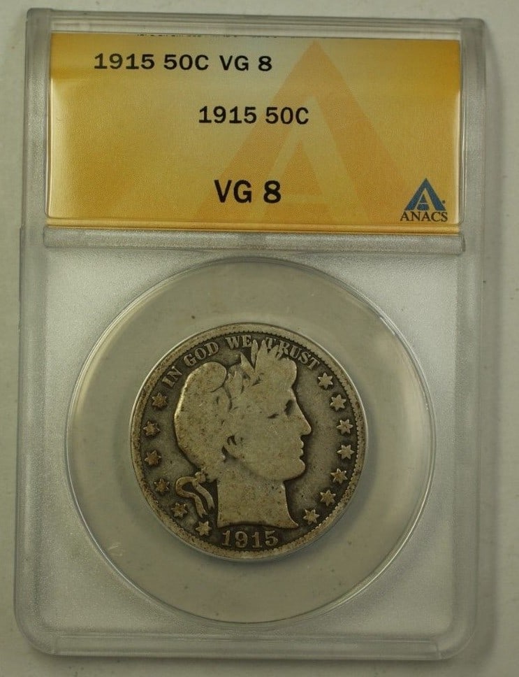 1915 Barber Half Dollar Silver 50C ANACS VG-8 Certified Coin: 1915 Barber Half Dollar Silver 50C ANACS VG-8 Certified Coin 1915 US Barber Half Dollar coin graded VG-8 by ANACS. This circulated silver coin was minted in Philadelphia and has a denomination of 50 c