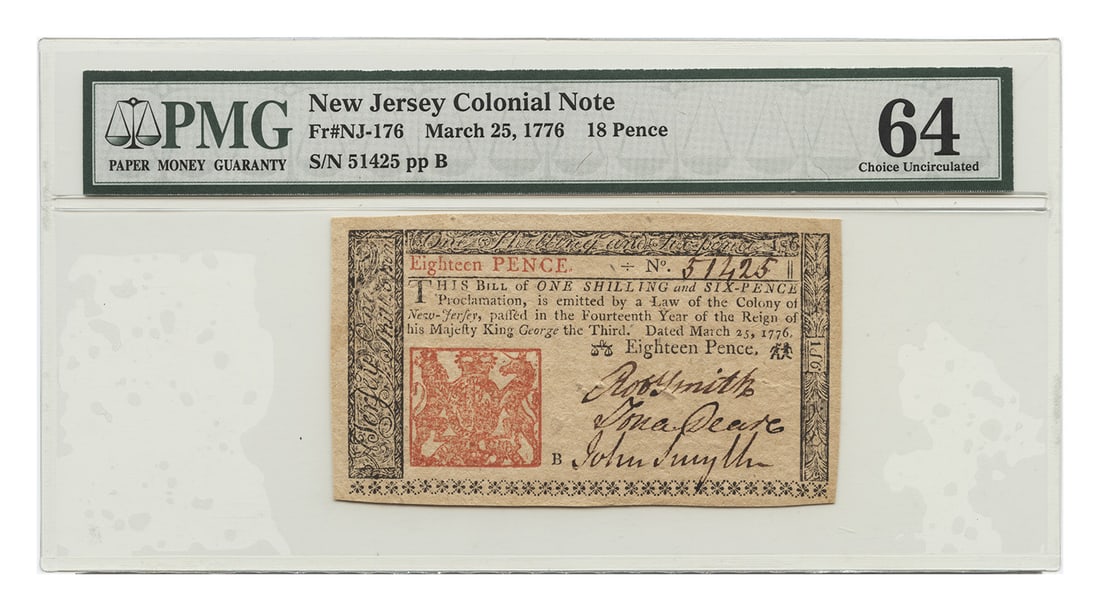 New Jersey Colonial 18 Pence March 25 1776 PMG 64 Uncirculated Note: New Jersey Colonial 18 Pence March 25 1776 PMG 64 Uncirculated Note This is an 18 Pence New Jersey Colonial currency note dated March 25, 1776. It has been certified by PMG and graded Choice Uncircula