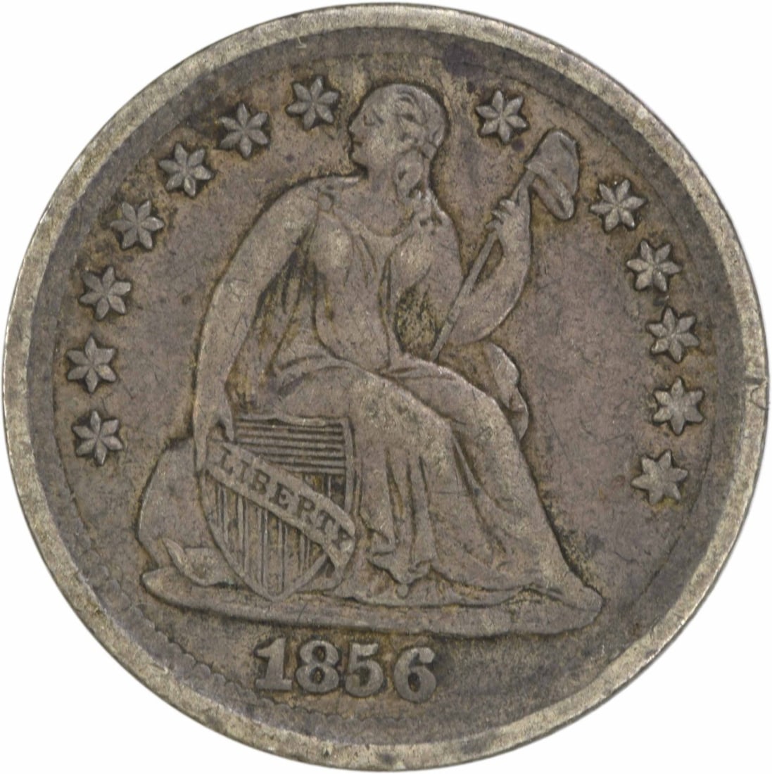 1856 Liberty Seated Half Dime 90% Silver Uncertified Coin: 1856 Liberty Seated Half Dime 90% Silver Uncertified Coin This 1856 Liberty Seated Silver Half Dime is a remarkable piece of numismatic history. Originating from the Philadelphia mint, this coin showc