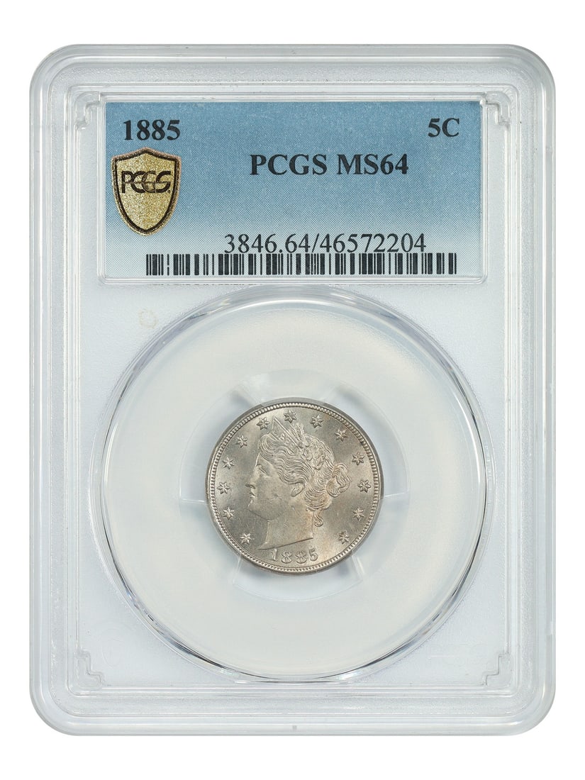 PCGS MS64 1885 Liberty Nickel Five Cent Key Date Coin: PCGS MS64 1885 Liberty Nickel Five Cent Key Date Coin This 1885 Liberty Nickel is a key date in the business strike set, graded MS64 by PCGS. It features bold luster with a finish that ranges from sat