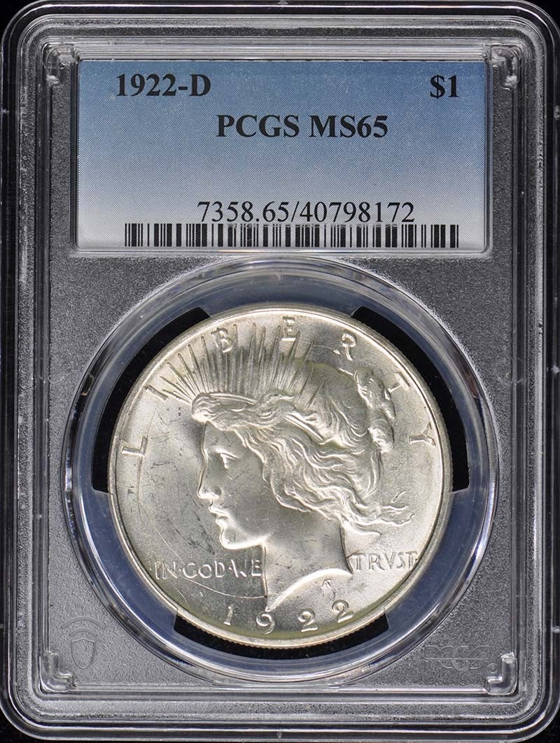PCGS MS65 1922 Denver Mint Peace Silver Dollar: PCGS MS65 1922 Denver Mint Peace Silver Dollar This 1922-D Peace Dollar is certified by PCGS and graded MS65. Struck at the Denver Mint, this uncirculated coin is in pre-owned condition. Specification