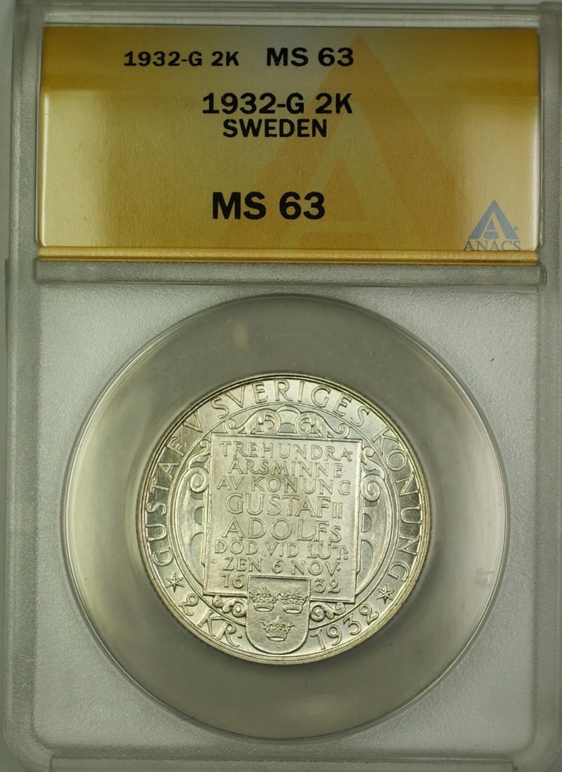 Sweden 1932-G 2 Kronor Silver Coin ANACS MS 63 Certified: Sweden 1932-G 2 Kronor Silver Coin ANACS MS 63 Certified This 1932-G Sweden 2 Kronor silver coin is certified by ANACS with a grade of MS-63. Composed of silver with a fineness of 0.8, this uncirculat