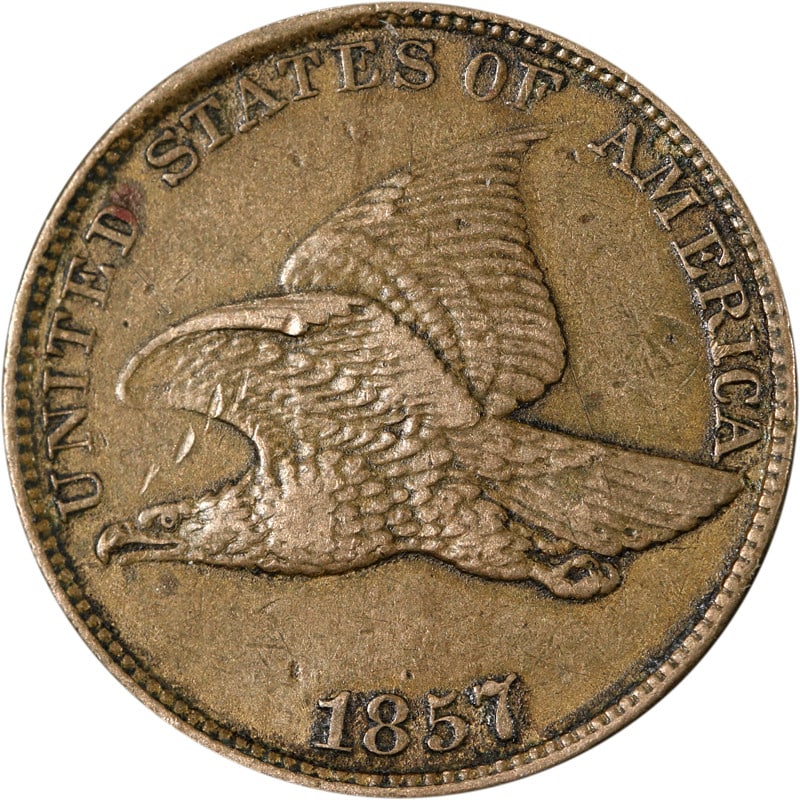 1857 Copper Flying Eagle Cent United States Circulated Collectible Coin: 1857 Copper Flying Eagle Cent United States Circulated Collectible Coin This 1857 Flying Eagle Cent is a circulated copper coin from the United States. It is classified as pre-owned and uncertified, m