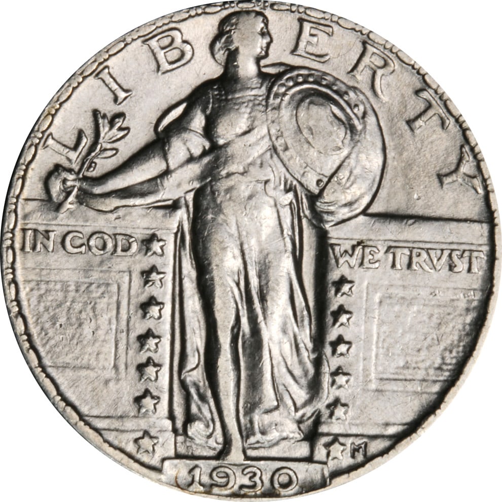 1930-P Standing Liberty Quarter 90% Silver Circulated Coin: 1930-P Standing Liberty Quarter 90% Silver Circulated Coin This 1930-P Standing Liberty Quarter is a classic piece of American coinage, made from 90% silver. It showcases the iconic design that has ca