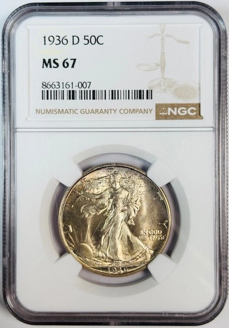 NGC MS67 1936 Denver Walking Liberty Silver Half Dollar Coin: NGC MS67 1936 Denver Walking Liberty Silver Half Dollar Coin This is a 1936 D Walking Liberty Half Dollar graded MS 67 by NGC. The coin is composed of silver, is uncirculated, and was minted in Denver