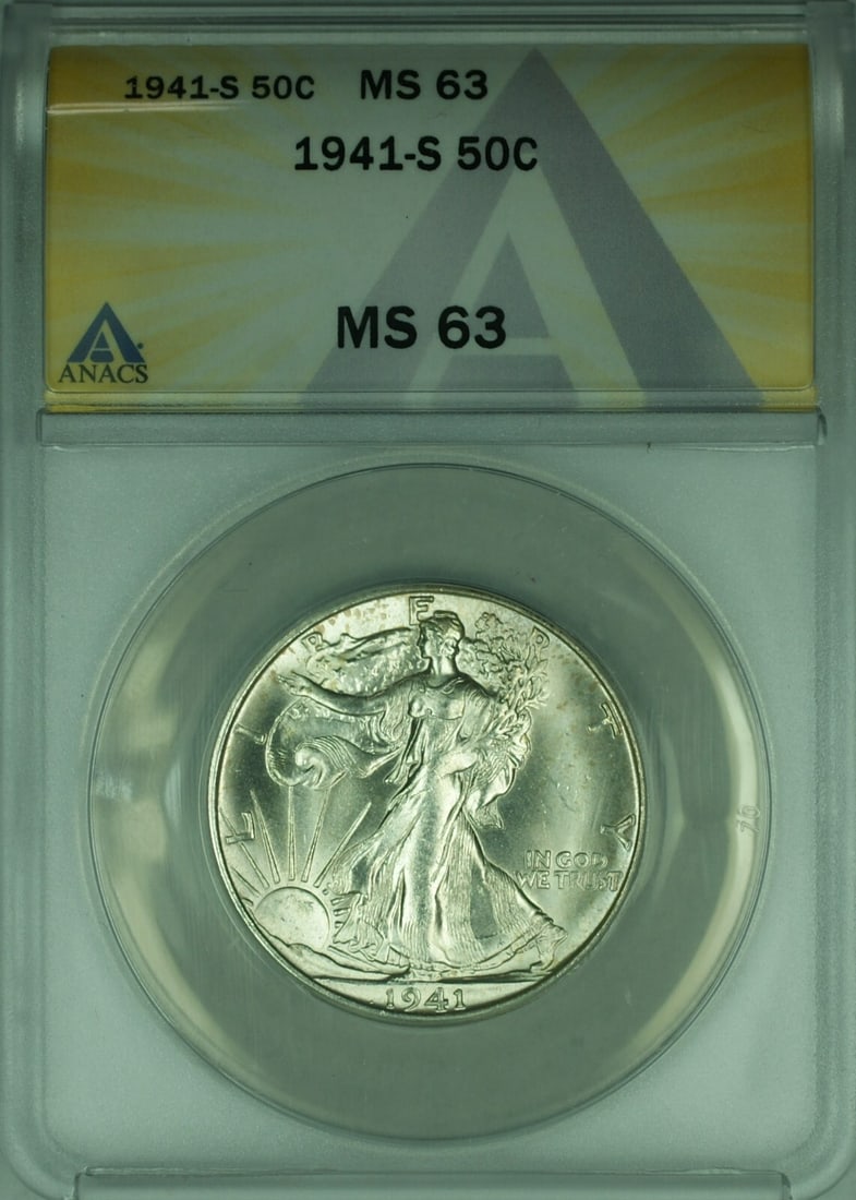 1941 San Francisco Liberty Walking 50 Cent Silver Coin ANACS MS 63: 1941 San Francisco Liberty Walking 50 Cent Silver Coin ANACS MS 63 This is a 1941-S Walking Liberty Half Dollar from the United States, composed of silver and minted in San Francisco. The coin is grad