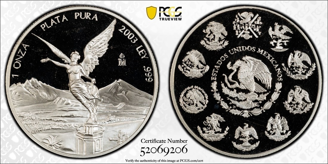 2003 Mexico Libertad 1 oz Silver Proof Coin PR68 DCAM PCGS: 2003 Mexico Libertad 1 oz Silver Proof Coin PR68 DCAM PCGS This 2003 Mexican Libertad coin is a stunning representation of craftsmanship, featuring a proof strike with a grade of PR 68 from PCGS. Craf