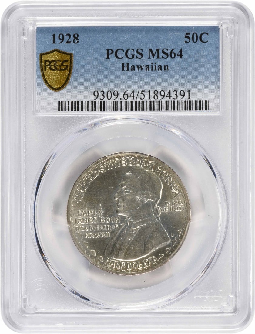 1928 Commemorative Half Dollar MS64 PCGS Silver United States Coin: 1928 Commemorative Half Dollar MS64 PCGS Silver United States Coin This 1928 Hawaii Commemorative Half Dollar is an uncirculated coin graded MS64 by PCGS. Struck at the Philadelphia Mint, it is compos