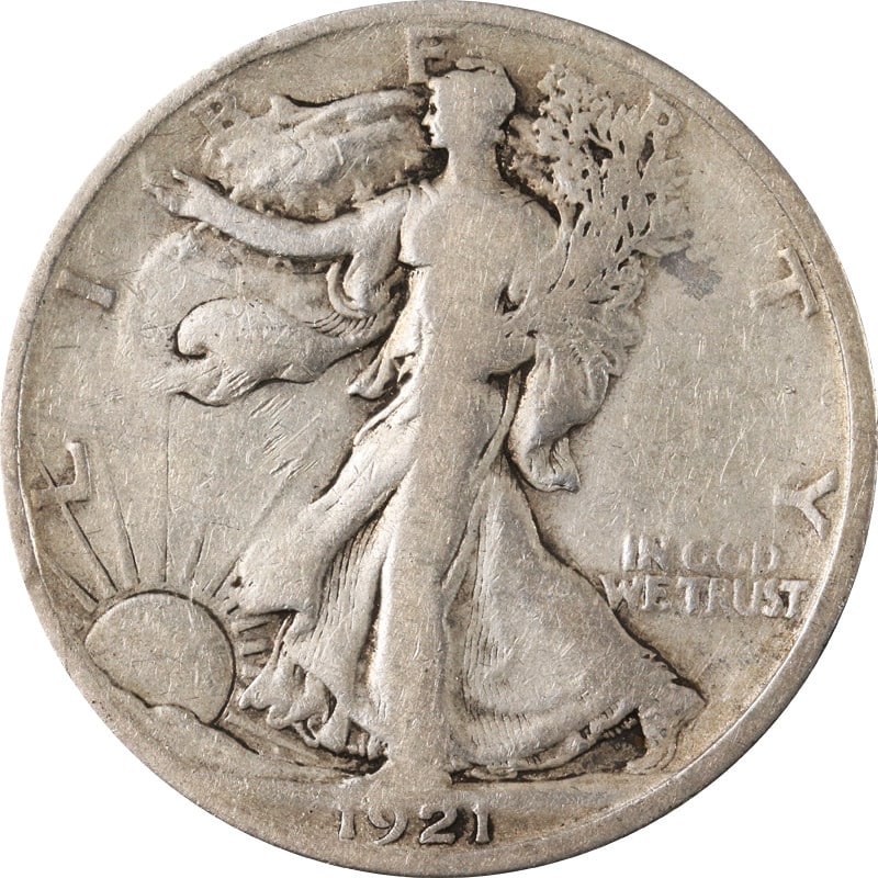 San Francisco Mint 1921 Silver Walking Liberty Half Dollar Coin: San Francisco Mint 1921 Silver Walking Liberty Half Dollar Coin This is a 1921-S Walking Liberty Half Dollar, minted in San Francisco. The coin is composed of silver and is in circulated, pre-owned co