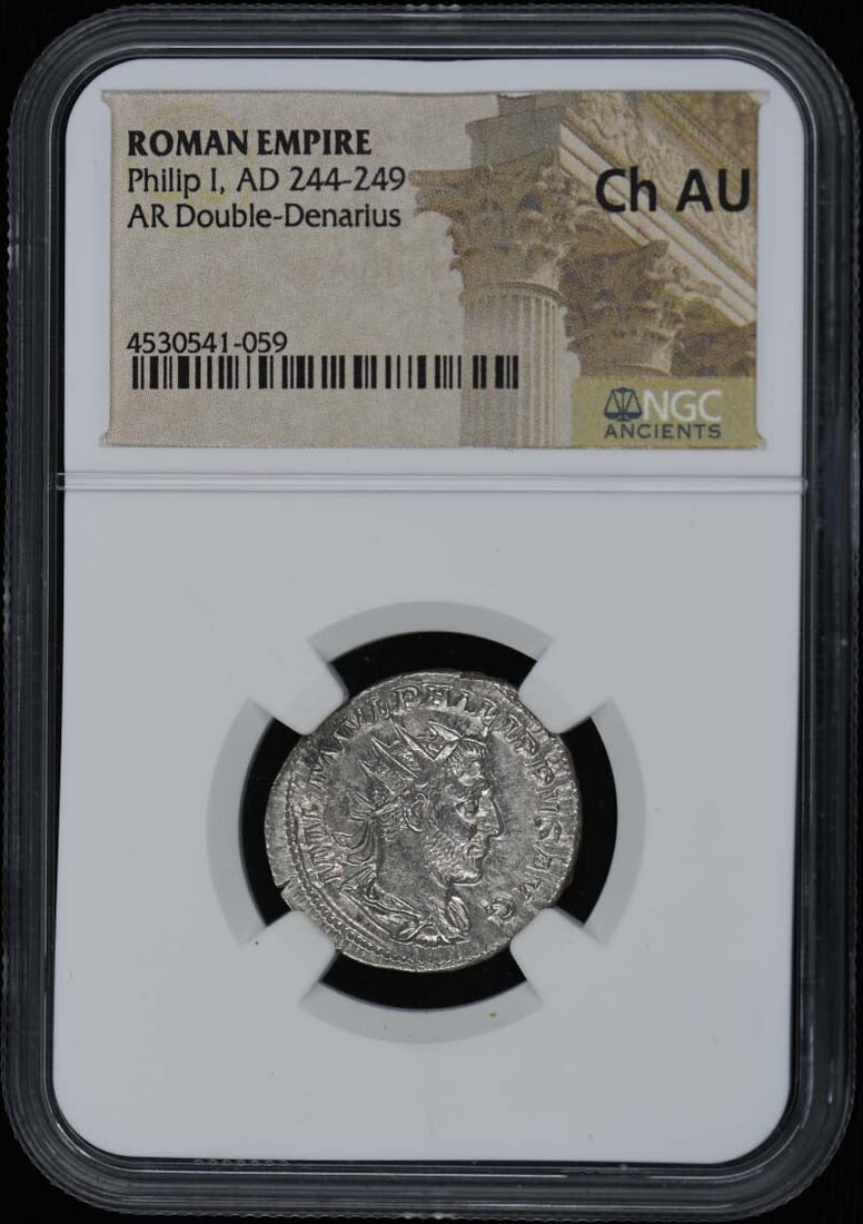 Philip I AR Double-Denarius Coin NGC AU55 Ancient Roman: Philip I AR Double-Denarius Coin NGC AU55 Ancient Roman This is a stunning Ancient Roman silver double denarius featuring Philip I, who reigned from AD 244 to 249. The coin is graded AU55 by NGC, indi