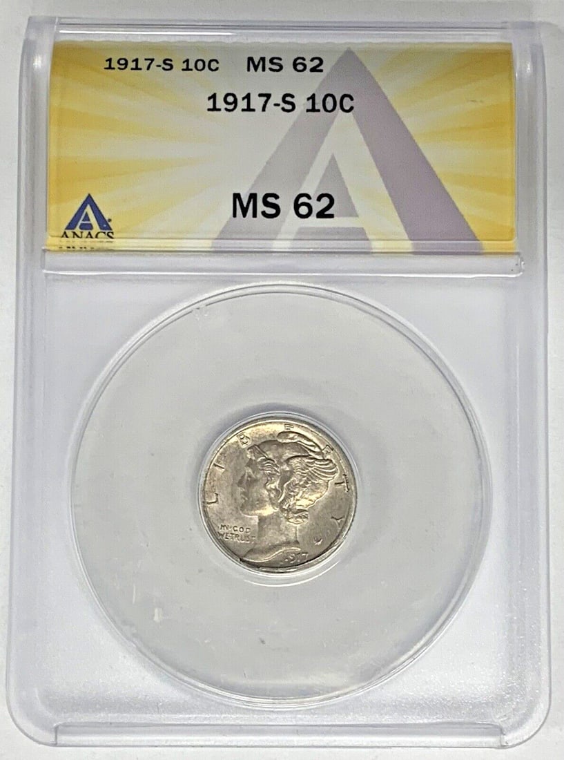 ANACS MS 62 1917-S Mercury Dime San Francisco 10 Cent Coin (1 of 2)