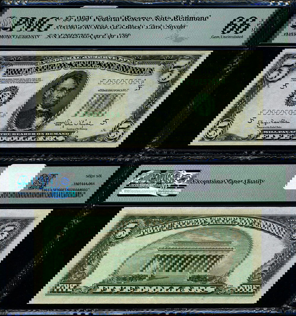 1950 $5 Federal Reserve Note Richmond E-A Block PMG CU66 Gem: 1950 $5 Federal Reserve Note Richmond E-A Block PMG CU66 Gem This is a stunning uncirculated $5 Federal Reserve Note from 1950, featuring the Richmond E-A Block Wide I. Graded as Gem CU66 EPQ by PMG,