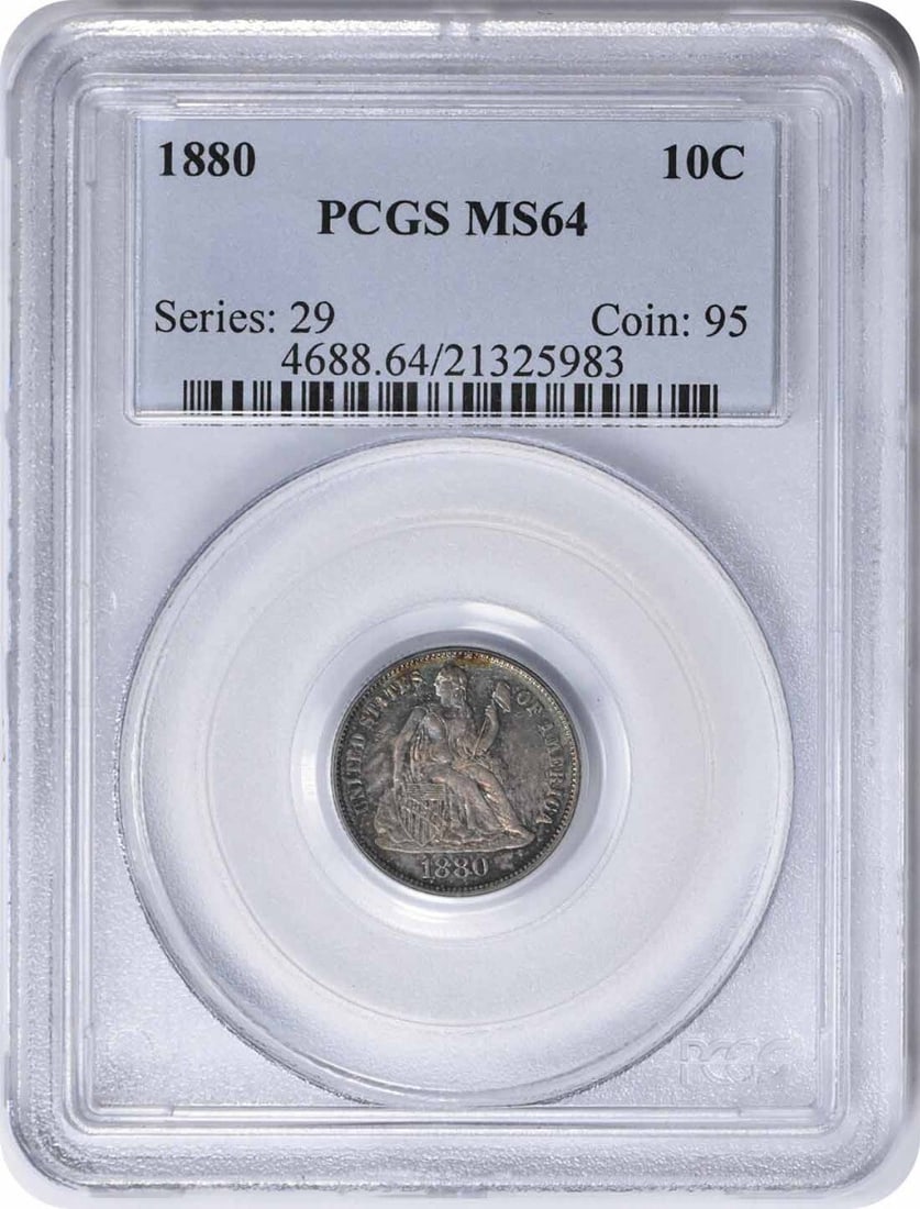 1880 Liberty Seated Silver Dime MS64 PCGS Philadelphia Mint: 1880 Liberty Seated Silver Dime MS64 PCGS Philadelphia Mint This 1880 Liberty Seated Silver Dime is a remarkable piece of numismatic history, graded MS64 by PCGS. Crafted in Philadelphia, this uncircu