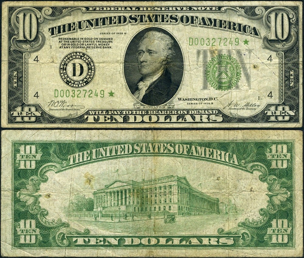 1928-B $10 Federal Reserve Cleveland Star Note D-* Fine+ Pinholes: 1928-B $10 Federal Reserve Cleveland Star Note D-* Fine+ Pinholes This 1928-B $10 Federal Reserve note from Cleveland is a Fine+ grade example, featuring original paper quality and appealing color. It
