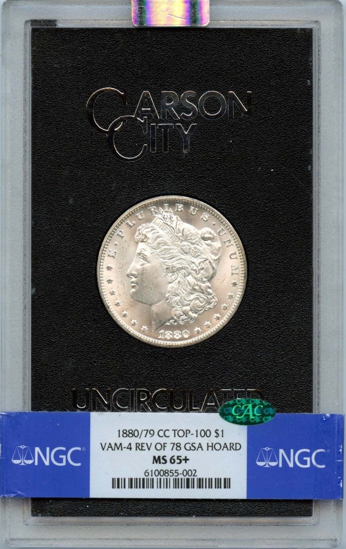 NGC MS65 Plus Morgan Silver Dollar 1880 Over 79 CC VAM-4 GSA Hoard CAC: NGC MS65 Plus Morgan Silver Dollar 1880 Over 79 CC VAM-4 GSA Hoard CAC This is an 1880/79-CC Morgan Dollar VAM-4 Reverse of 78 from the GSA Hoard, graded MS65+ by NGC with CAC approval. The coin is un
