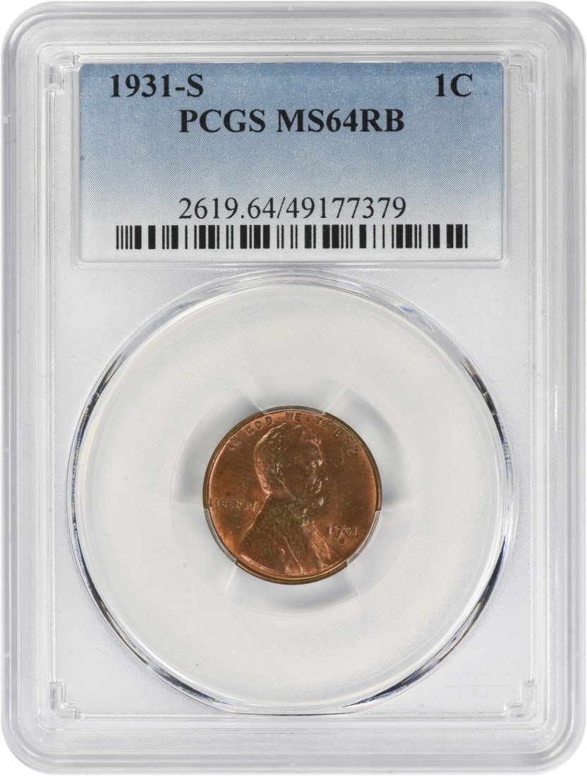 PCGS MS64RB 1931 San Francisco Lincoln Wheat Cent: PCGS MS64RB 1931 San Francisco Lincoln Wheat Cent This 1931-S Lincoln Cent is an uncirculated coin graded MS64RB by PCGS. Minted in San Francisco, it features the classic Lincoln Wheat design by Victo
