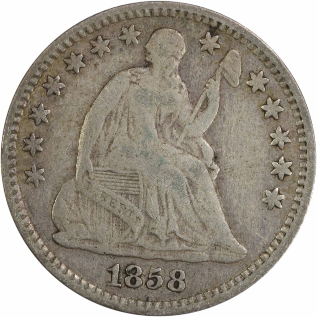 1858 Liberty Seated Half Dime 90% Silver Uncertified Coin: 1858 Liberty Seated Half Dime 90% Silver Uncertified Coin This 1858 Liberty Seated Silver Half Dime showcases a design by Christian Gobrecht. Struck in Philadelphia, this coin is part of the United St