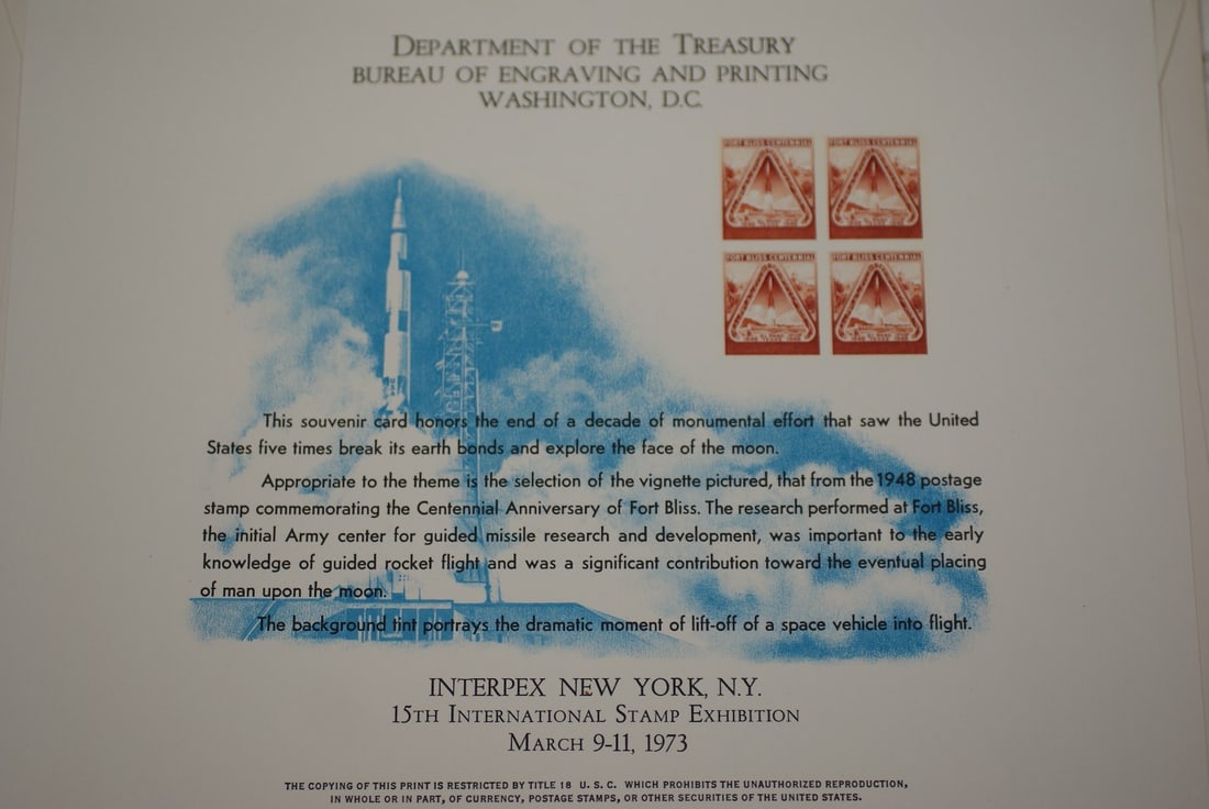Interpex 1973 Fort Bliss Rockets 3c BEP Souvenir Card B 22: Interpex 1973 Fort Bliss Rockets 3c BEP Souvenir Card B 22 This is a BEP Souvenir Card B 22 issued for Interpex 1973, featuring the 3c Fort Bliss Rockets stamp. The card originates from the United Sta
