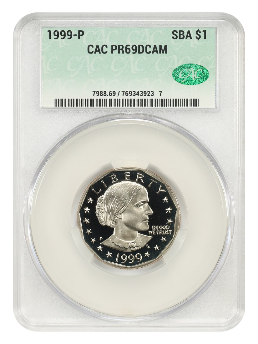CACG PR69DCAM 1999-P Susan B Anthony Dollar Proof Coin: CACG PR69DCAM 1999-P Susan B Anthony Dollar Proof Coin This 1999-P Susan B. Anthony Dollar is a proof coin graded PR69DCAM by CACG. Struck at the Philadelphia Mint, it is uncirculated and features a d