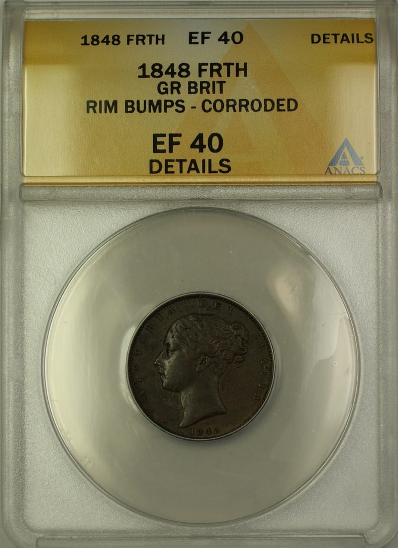 1848 Copper Farthing Coin from Great Britain ANACS EF 40 with Rim Issues: 1848 Copper Farthing Coin from Great Britain ANACS EF 40 with Rim Issues This is an 1848 Great Britain farthing copper coin, certified by ANACS with a grade of EF-40 Details. The coin is circulated an